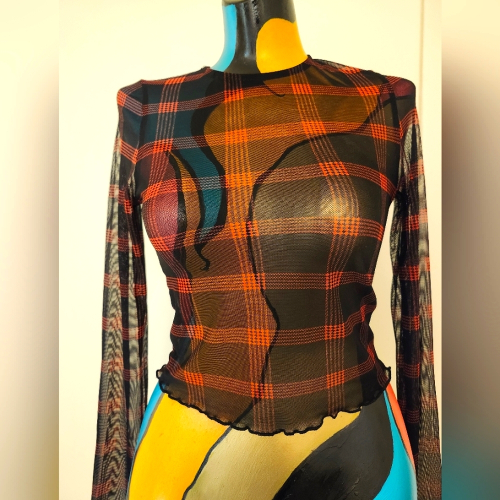 Sheer Red Plaid Long Sleeve Top